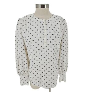 Ann Taylor Blouse Off White Floral Long Sleeve Button Henley Shirt Top Large